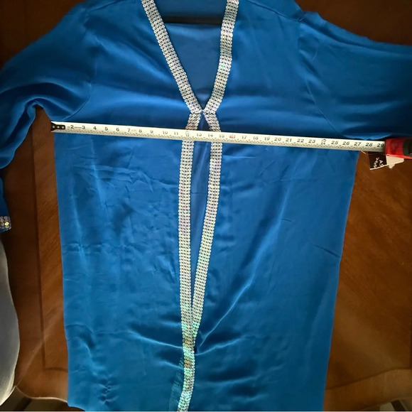 Ashro Women’s Sheer Blue Caftan Tunic Duster w/ Sequin Trim 3XL Full Length NWT - Picture 3 of 7